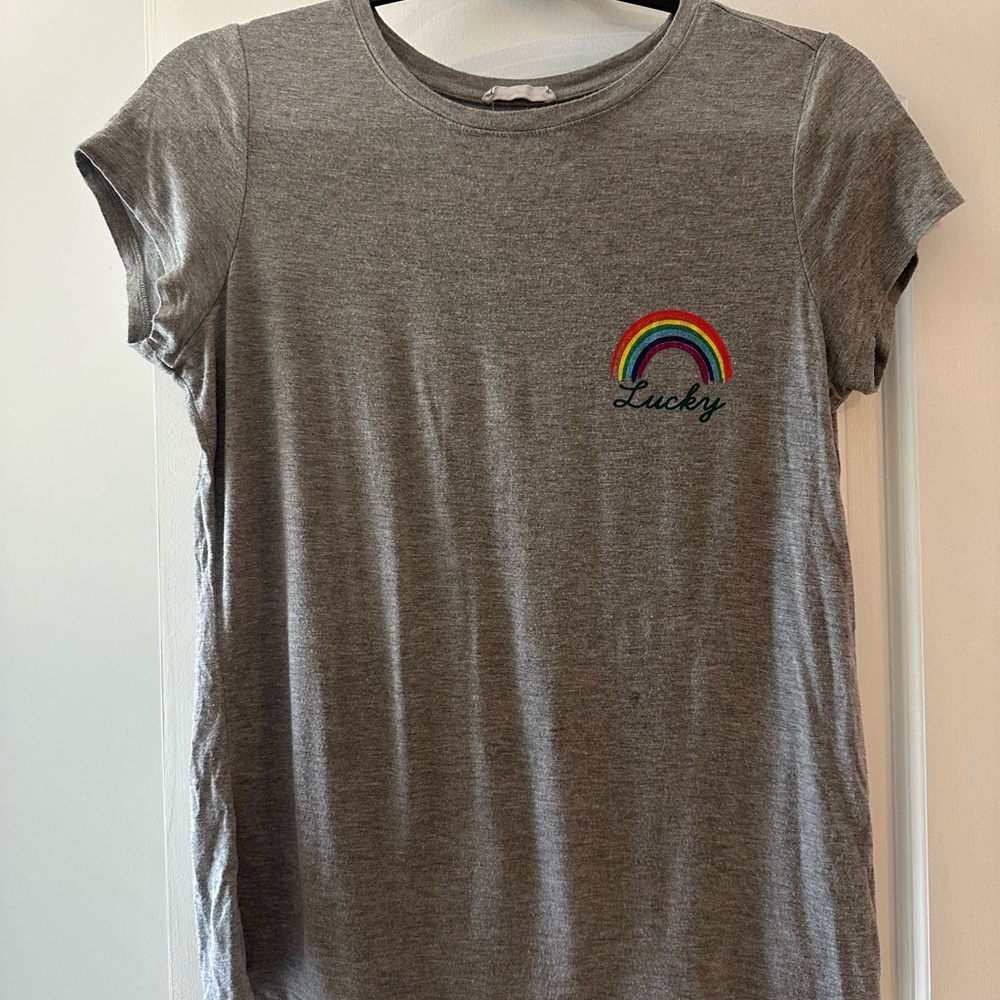 Britny Gray Short Sleeve Tee with Rainbow “Lucky” Design